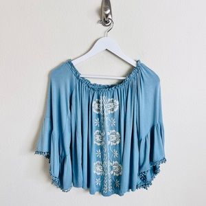 Altar’d State Blue Bardot Off Shoulder Cream Embroidered Bell Sleeve Blouse